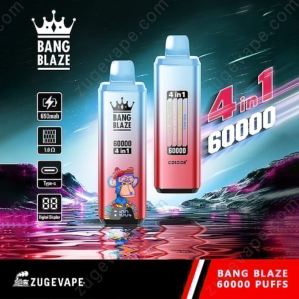 Promotional Image For Bang Blaze 4-In-1 Disposable Vape Featuring Two Vape Devices, Product Specifications Such As 650Mah Battery, Type-C Charging, And 60,000 Puffs, With A Futuristic Background And Colorful Graphics.