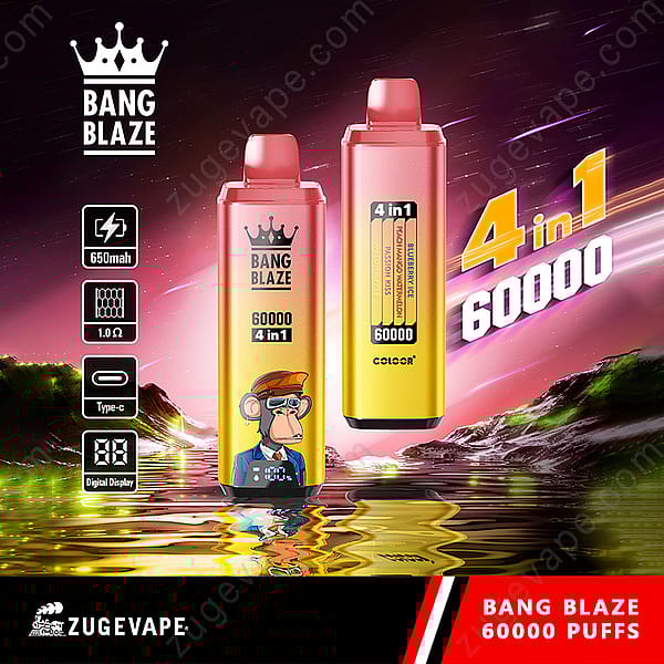 Promotional Image For Bang Blaze 4-In-1 Disposable Vape Featuring Two Vape Devices With Gradient Colors, Digital Display, And A Cartoon Ape, Highlighting 60,000 Puffs And Key Features Like 650 Mah Battery And Type-C Charging.