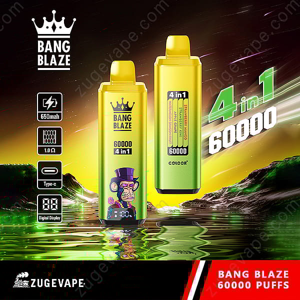 Colorful Marketing Image Featuring Two Bang Blaze 4-In-1 Disposable Vape Devices With 60,000 Puffs, Digital Display, Type-C Charging, And Artwork Of A Cartoon Monkey In A Purple Hat, Set Against A Vibrant, Futuristic Background With Product Features Highlighted.
