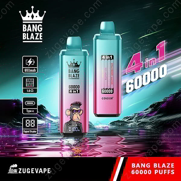Bang Blaze 4-In-1 Disposable Vape Devices With 60,000 Puffs, Digital Display, And Colorful Design, Shown On A Futuristic Neon Background With Product Features Highlighted And A Cartoon Monkey Illustration On One Vape.