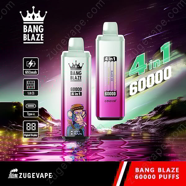 Advertisement For Bang Blaze Disposable Vape Showing Two Colorful Vape Devices With A 4-In-1 Feature, 60,000 Puffs, 650Mah Battery, Digital Display, And Type-C Charging, Set Against A Neon, Futuristic Background.