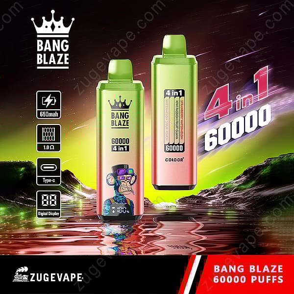 Promotional Image For The Zugevape Bang Blaze Disposable Vape, Highlighting 60,000 Puffs, 4-In-1 Flavors, 650Mah Battery, Digital Display, And Type-C Charging, With Two Colorful Vape Devices Against A Neon Landscape Background.