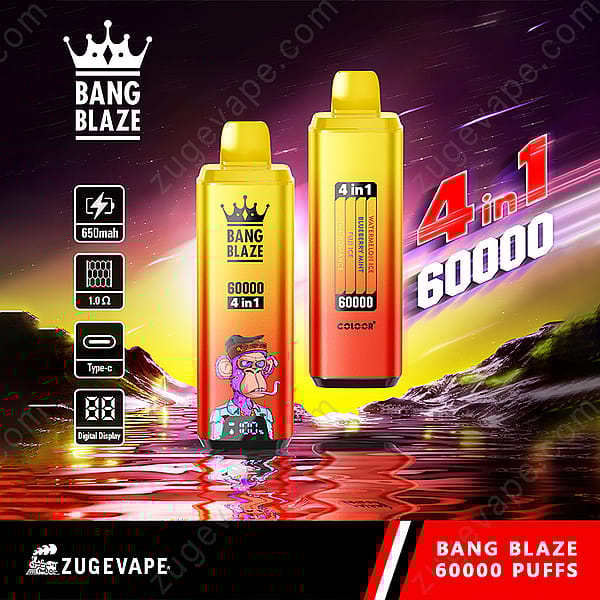 Colorful Advertisement For Bang Blaze Disposable Vape With 60,000 Puffs, Featuring Two Vape Devices, Product Specs, A Cartoon Monkey Graphic, And Bold 4 In 1 Branding On A Vivid Background.