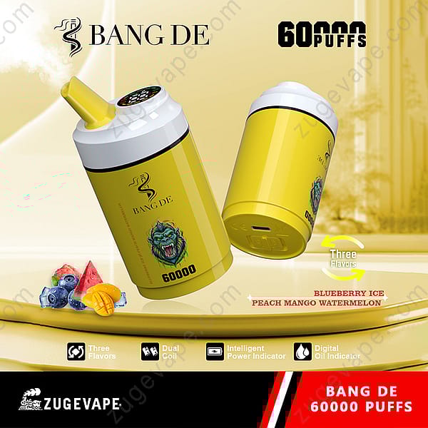 Bang De 60000 Puffs Disposable Vape In Yellow With A Gorilla Graphic, Featuring A Rotating Design For Three Flavors (Blueberry Ice, Peach Mango, Watermelon) And Images Of The Fruit, Shown With Product Icons For Three Flavors, Dual Coil, Intelligent Power Indicator, And Digital Oil Indicator.