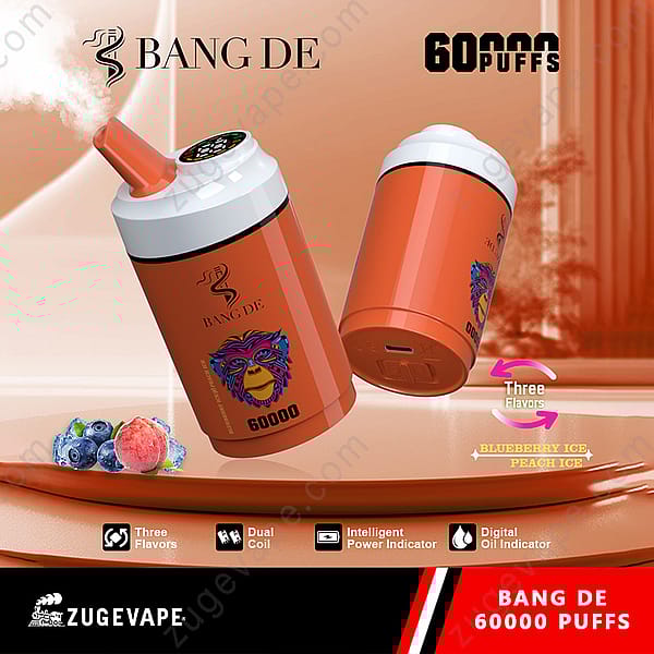 Promotional Image Of The Bang De Disposable Vape Device Featuring An Orange And White Design, A Colorful Lion Graphic, And Text Highlighting 60,000 Puffs, Three Flavors (Blueberry Ice, Peach Ice), As Well As Features Like Dual Coil, Intelligent Power Indicator, And Digital Oil Indicator.