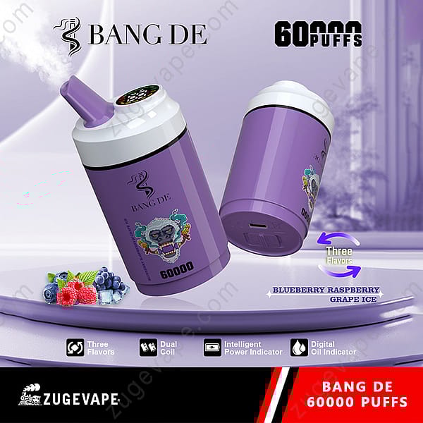 Bang De 60,000 Puffs Disposable Vape Device In Purple, Featuring A Snarling Monkey Graphic, With Blueberry, Raspberry, And Grape Ice Flavor Options, And Icons Highlighting Three Flavors, Dual Coil, Intelligent Power Indicator, And Digital Oil Indicator.