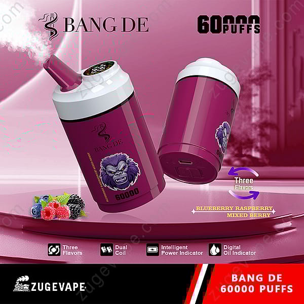 Promotional Image For The Bang De Vape Device Showing A Purple Cylinder-Shaped Vape With A Cartoon Gorilla Graphic, Advertising 60,000 Puffs And Flavors Like Blueberry, Raspberry, And Mixed Berry.