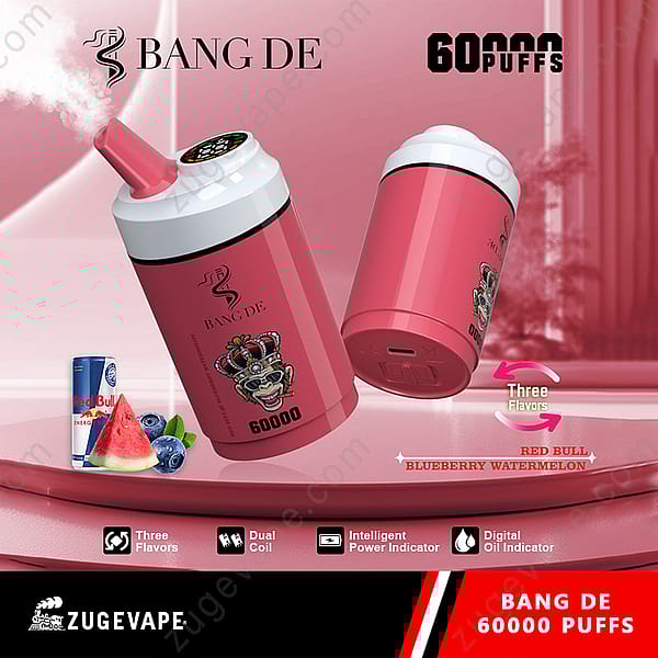 Promotional Image For Bang De Vape Device Offering 60,000 Puffs, Featuring A Cylindrical Pink Design, Three Flavors (Red Bull, Blueberry, Watermelon), And Product Features Such As Dual Coil And Power Indicators.