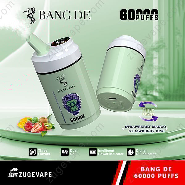 Promotional Image For Bang De Disposable Vape Device Featuring 60,000 Puffs, A Green Gorilla Face Graphic, And Highlighting Available Flavors: Strawberry, Mango, And Kiwi.