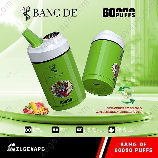 Promotional Image For Bang De 60,000 Puffs Disposable Vape In Green Color, Highlighting Three Flavors (Strawberry, Mango, Watermelon Bubble Gum), Product Features, And The Zugevape Branding.