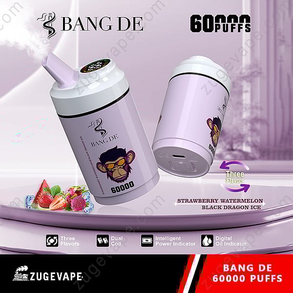 Advertising Image For Bang De Disposable Vape Device Featuring A Purple And White Canister Design With A Cartoon Ape Face, Text Indicating 60,000 Puffs, And Highlighting Three Flavors: Strawberry, Watermelon, And Black Dragon Ice.