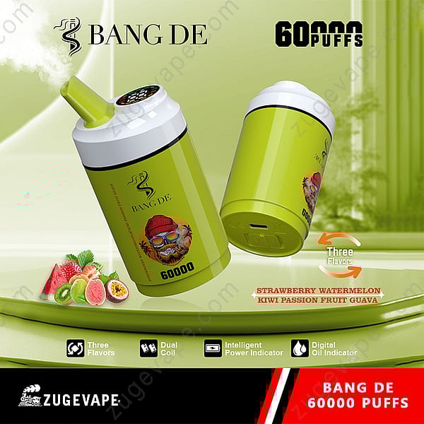 Bright Green Bang De Disposable Vape Device Offering 60,000 Puffs, Featuring Illustrations Of A Bearded Man With Sunglasses And Showcasing Three Fruit Flavors: Strawberry Watermelon, Kiwi Passion Fruit, And Guava.