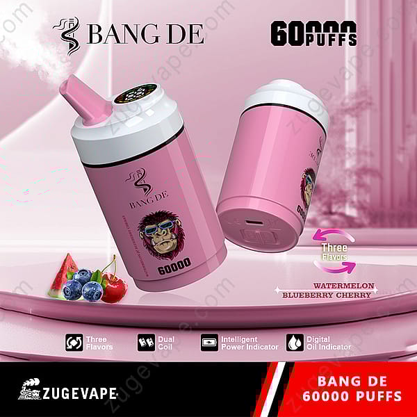 Promotional Image For Bang De Disposable Vape In Pink, Highlighting 60,000 Puffs, Three Flavors (Watermelon, Blueberry, Cherry), And Features Like Dual Coil And Intelligent Indicators, With Fruit Images For Flavor Representation.