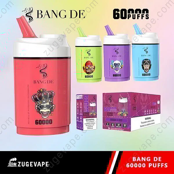 Assorted Bang De Disposable Vape Devices In Various Colors And Packaging, Each Labeled With 60,000 Puffs And Cartoon Graphics, Displayed Alongside Product Branding And Warnings.
