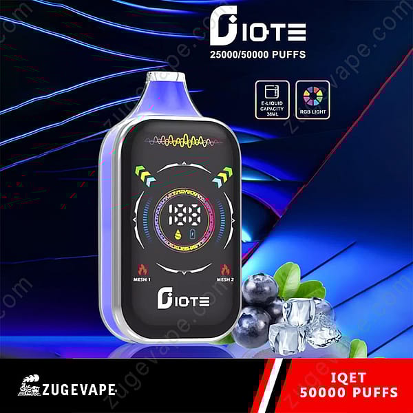 Promotional Image For The Diote Iqet Disposable Vape Device With 50,000 Puffs, Showing A Digital Display And Rgb Light Features, Alongside Blueberries And Ice At The Bottom Right.