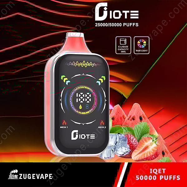 Promotional Image Of A Diote Disposable Vape Device Highlighting 25,000/50,000 Puffs, E-Liquid Capacity Of 38Ml, Rgb Light, And Surrounded By Strawberries, Watermelon, And Ice To Suggest Flavor.