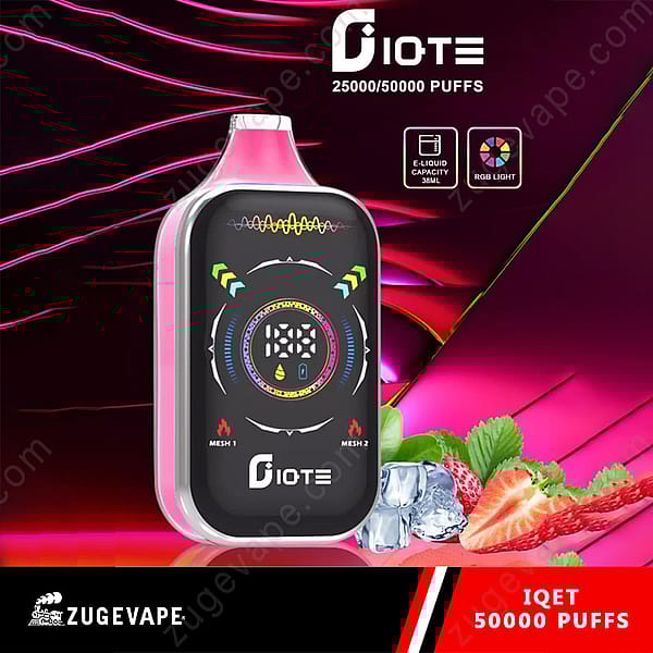 Electronic Vape Device With Digital Display, Labeled &Quot;Diote,&Quot; Shown On A Pink And Red Abstract Background With Strawberries, Mint Leaves, And Ice Cubes In The Foreground, Advertising 50,000 Puffs And Rgb Light Features.