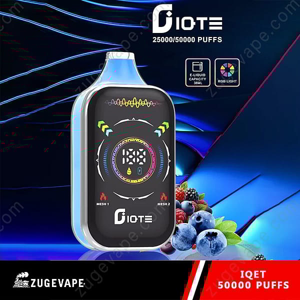 Promotional Image Of A Diote Iqet Vape Device With A Digital Display, Highlighting 25,000/50,000 Puffs, 38Ml E-Liquid Capacity, Rgb Lighting, And Various Berries In The Foreground, Set Against A Futuristic Blue And Black Background.