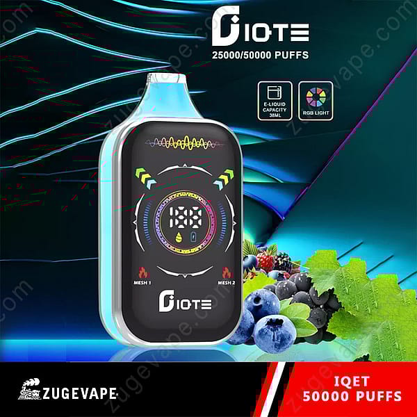Promotional Image For A Diote Iqet Vape Device With A Digital Display, Featuring Colorful Graphics, Berries And Grapes, And Text Highlighting 25,000 Or 50,000 Puffs And A 38Ml E-Liquid Capacity.