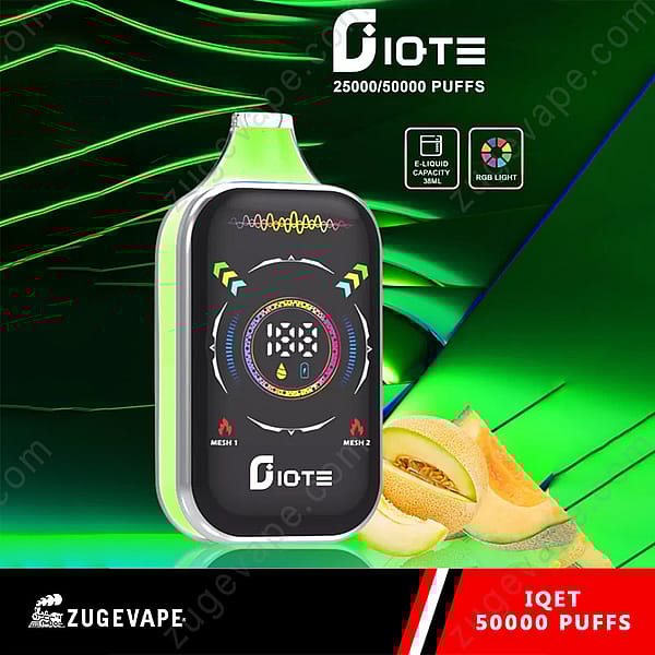 Rectangular Electronic Vape Device With A Digital Display, Colorful Graphics, And A Green Trim, Displayed On A Vivid Green Background With Cantaloupe Melon Slices And Text Highlighting 50,000 Puffs And 38Ml E-Liquid Capacity.