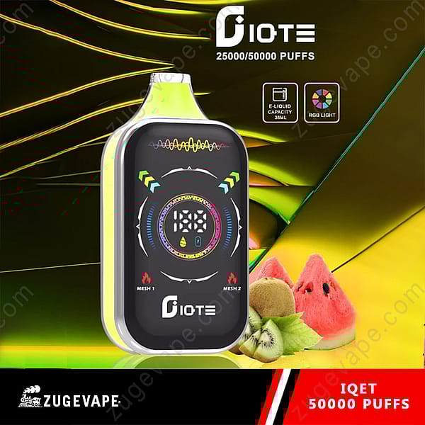 Promotional Image Of A Diote Iqet Vape Device Displaying Its Digital Screen And Design, With A Watermelon And Melon Flavor Theme, And Text Highlighting 50,000 Puffs And 38Ml E-Liquid Capacity.