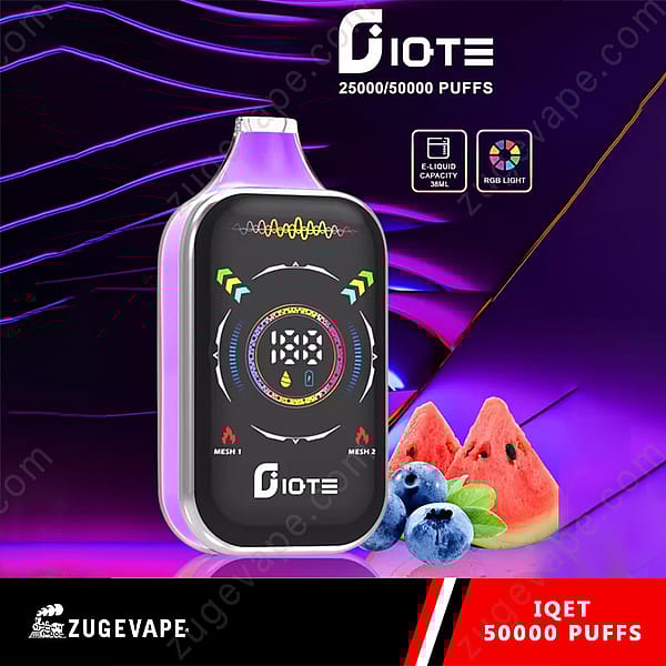 Electronic Vape Device With A Digital Display And Colorful Design, Labeled 'Diote 25000/50000 Puffs,' Positioned With Blueberries And Watermelon Slices On A Vibrant Purple Background.