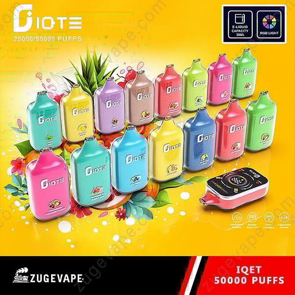 Colorful Diote Iqet Disposable Vape Devices Displayed In Rows With Fruit Graphics, Highlighting 25,000/50,000 Puffs, 38Ml E-Liquid Capacity, Rgb Light, And Branding For Zugevape.