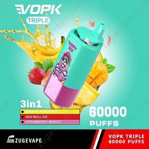 Promotional Image For The Vopk Triple Vape Device With A Colorful Design, Showcasing Three Flavors—Banana Pineapple, Red Bull Ice, And Strawberry Mango—Alongside Images Of Fruits And Highlighting 60,000 Puffs.