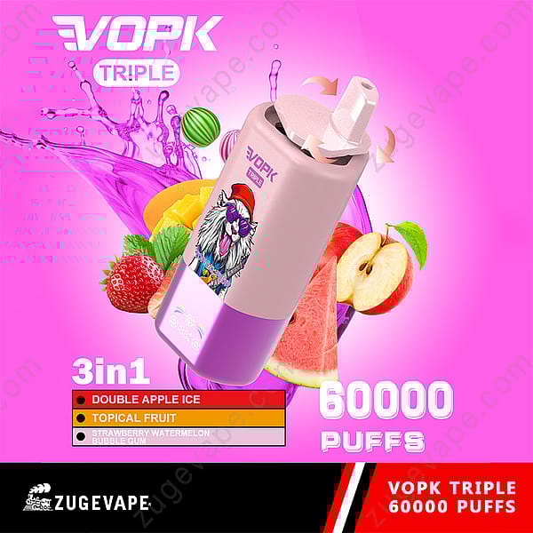 Promotional Image For The Vopk Triple Vape Showing A Pink And Purple Vape Device With A Cartoon Cat Design, Surrounded By Illustrations Of Fruit Flavors Including Apple, Watermelon, Strawberry, And Mango, And Featuring Text Advertising 60,000 Puffs And 3-In-1 Flavors.
