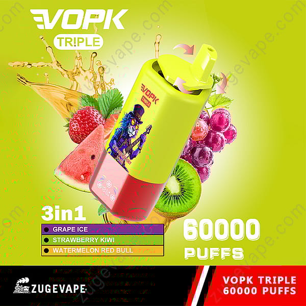 Vopk Triple Vape Device With Colorful Design, Fruity Flavors Including Grape Ice, Strawberry Kiwi, And Watermelon Red Bull, Surrounded By Images Of Fruit And Highlighting 60,000 Puffs.