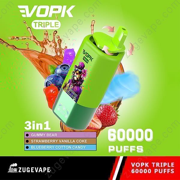 Promotional Image For Vopk Triple Vape Showing A Green Vape Device With A Colorful Lion Graphic, Surrounded By Fruit, Candy, And Flavored Vapor To Represent The Three Flavors: Gummy Bear, Strawberry Vanilla Coke, And Blueberry Cotton Candy, Highlighting '60,000 Puffs' And The Zugevape Brand.