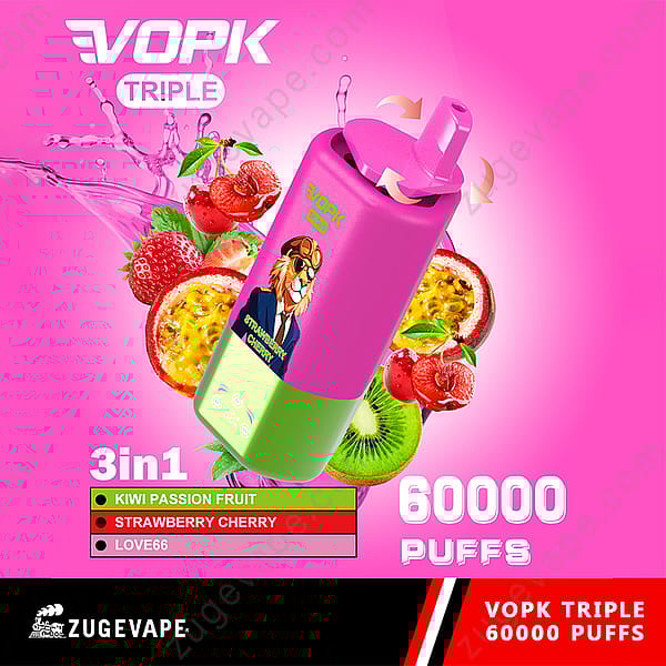 Promotional Image For Vopk Triple Vape In Pink And Green, Showing A Cartoon Tiger, Surrounded By Strawberries, Kiwi, And Passion Fruit, With Text Highlighting 60,000 Puffs And Three Flavors: Kiwi Passion Fruit, Strawberry Cherry, And Love66.