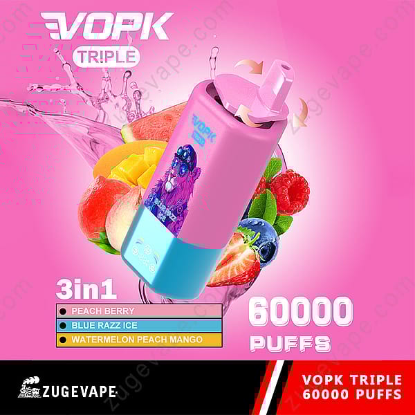 Colorful Advertisement For The Vopk Triple Vape Device In Pink And Blue, Featuring A Cartoon Bear Design, Surrounded By Images Of Berries, Peach, Mango, And Watermelon, With Text Highlighting 60,000 Puffs And Three Flavors: Peach Berry, Blue Razz Ice, And Watermelon Peach Mango.