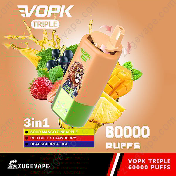 Vopk Triple 3-In-1 Vape Device With Illustrations Of Fruits Including Mango, Pineapple, Strawberry, And Blackcurrant, Highlighting 60,000 Puffs And Flavors: Sour Mango Pineapple, Red Bull Strawberry, And Blackcurrant Ice.