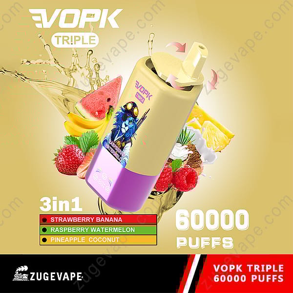 Promotional Image For The Vopk Triple Disposable Vape Displaying The Device With Fruit Visuals Representing Its Three Flavors: Strawberry Banana, Raspberry Watermelon, And Pineapple Coconut, And Text Highlighting 60,000 Puffs.