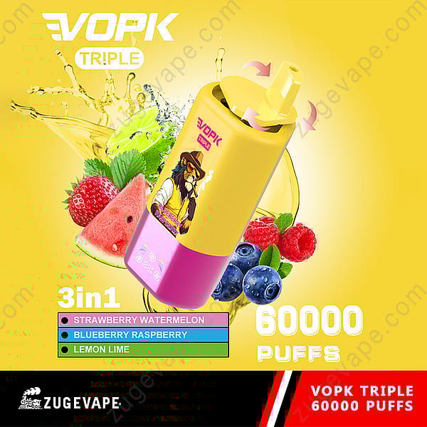 Promotional Image For The Vopk Triple Vape Showing A Yellow And Pink Device With Fruit Illustrations, Highlighting Three Flavors—Strawberry Watermelon, Blueberry Raspberry, Lemon Lime—And Advertising 60,000 Puffs.