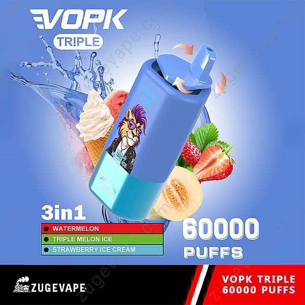Advertisement For The Vopk Triple Vape Showing A Blue Vape Device With A Cartoon Lion, Surrounded By Images Of Watermelon, Melon, Strawberries, And Ice Cream, Featuring Flavors Watermelon, Triple Melon Ice, And Strawberry Ice Cream With A 60,000 Puffs Claim.