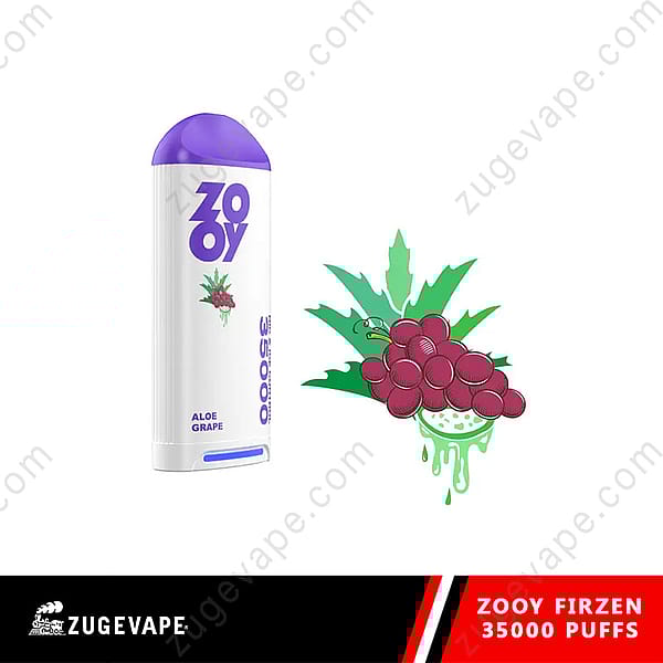 A Zooy Brand Disposable Vape Device Labeled 'Aloe Grape' With 35,000 Puffs, Shown Next To A Graphic Of Purple Grapes And Green Aloe Leaves.