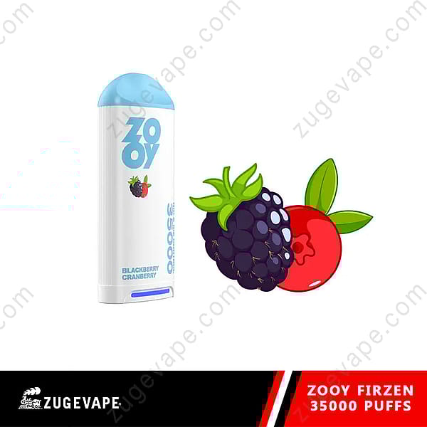 White Zooy Disposable Vape Device With Blue Accents, Featuring Images Of Blackberry And Cranberry Fruits, And Text Indicating 'Blackberry Cranberry' Flavor And '35000 Puffs'.
