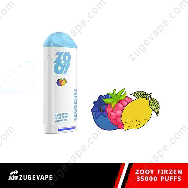 Zooy Firzen Disposable Vape Device With Blueberry, Raspberry, And Lemon Illustrations, Labeled For 35,000 Puffs And The Flavor Blueberry Raspberry Lemonade.