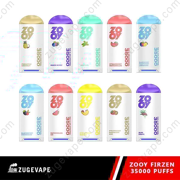 Ten Colorful Zooy Firzen Disposable Vape Devices In Different Flavors, Each Displaying The Flavor Name And 35,000 Puffs On The Label, Arranged In Two Rows Against A White Background With Zugevape Branding At The Bottom.