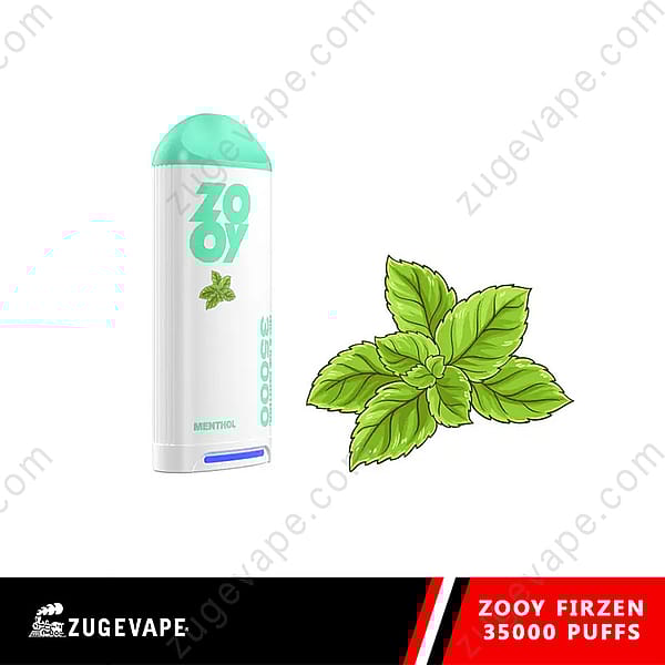White Zooy Firzen Vape Device With A Green Mint Leaf Graphic, Labeled Menthol Flavor, Next To An Illustrated Mint Leaf And Text Indicating 35,000 Puffs.