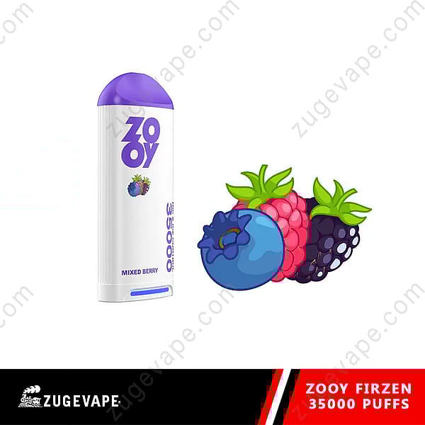 Zooy Firzen Disposable Vape In Mixed Berry Flavor With Illustrations Of Blueberry, Raspberry, And Blackberry, Labeled For 35,000 Puffs, Displayed On A White Background With Zugevape Branding.