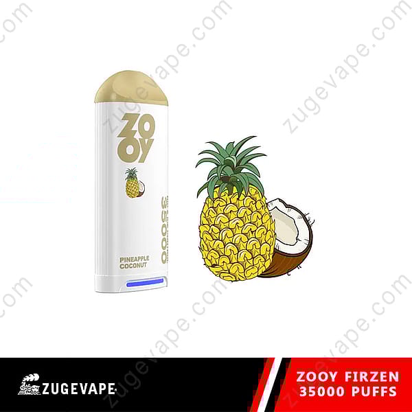 Zooy Firzen Disposable Vape Device With A Pineapple Coconut Flavor, Illustrated With Images Of A Pineapple And A Split Coconut, Labeled For 35,000 Puffs From Zugevape.