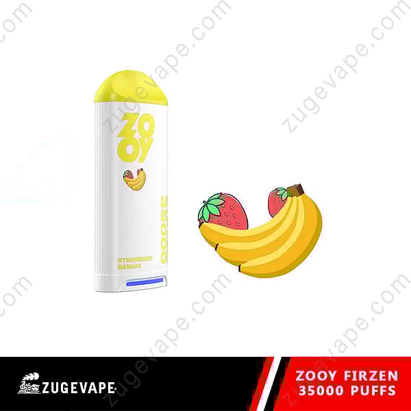 Zooy Disposable Vape Device With A Strawberry Banana Flavor, Featuring A White And Yellow Design And An Image Of Banana And Strawberry, Alongside Text Indicating 35,000 Puffs.