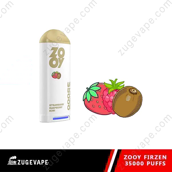 Zooy Firzen Disposable Vape Device With Strawberry, Raspberry, And Kiwi Flavor, Shown Next To Illustrations Of The Fruits And Labeled For 35,000 Puffs.