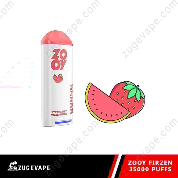Zooy Firzen Disposable Vape Device Labeled Strawberry Watermelon Flavor, With A Cartoon Strawberry And Watermelon Slice, And Text Indicating 35,000 Puffs.