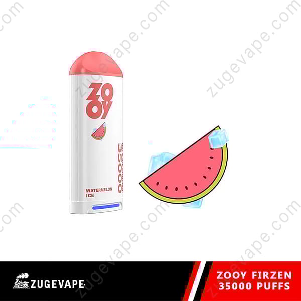 Zooy Firzen Watermelon Ice Disposable Vape Device With 35,000 Puffs, Shown Next To A Graphic Of A Watermelon Slice And Ice Cubes, And The Zugevape Logo.