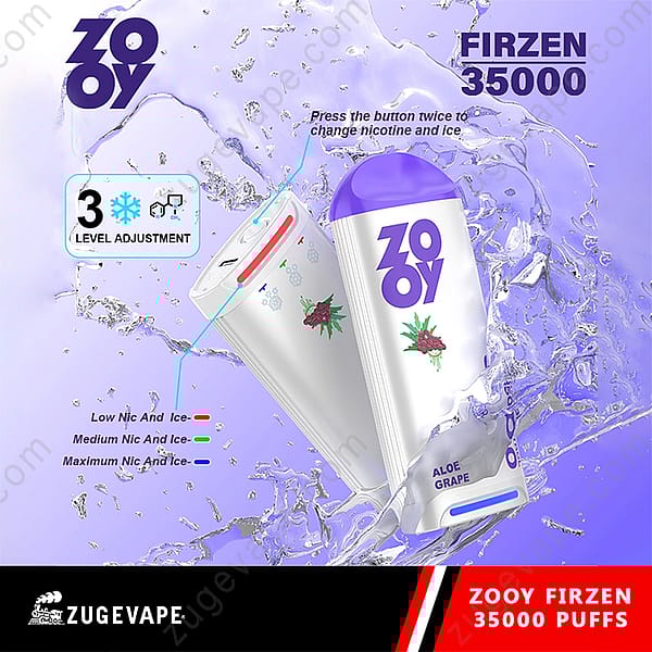Promotional Image For The Zooy Firzen 35000 Disposable Vape, Featuring Two Devices With Purple Caps And Aloe Grape Flavor, Highlighting Three Adjustable Nicotine And Ice Levels And Water Splash Graphics On A Purple Background.