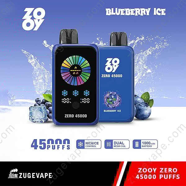 Two Blue Zooy Zero Disposable Vape Devices Labeled 'Blueberry Ice' With Digital Displays, Surrounded By Blueberries, Ice Cubes, And Water Splashes, Highlighting 45,000 Puffs And Product Features.